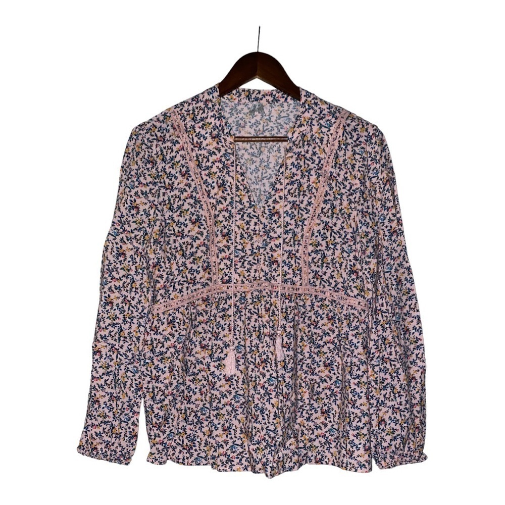 Mudd Women Large Pink Floral Rayon Blouse‎ Pullover Cottagecore Prarire Dainty